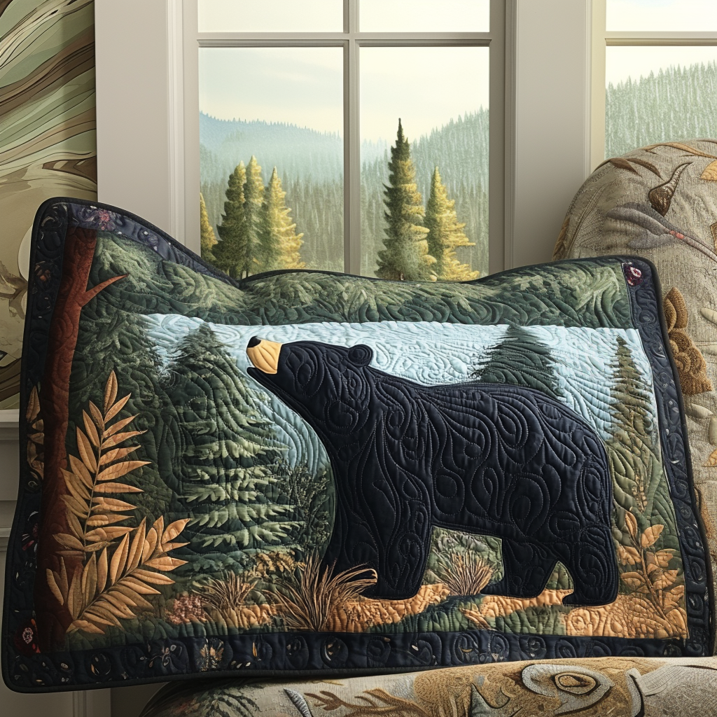 Black Bear in the Pines quilted pillowcase – black bear among tall pines and ferns