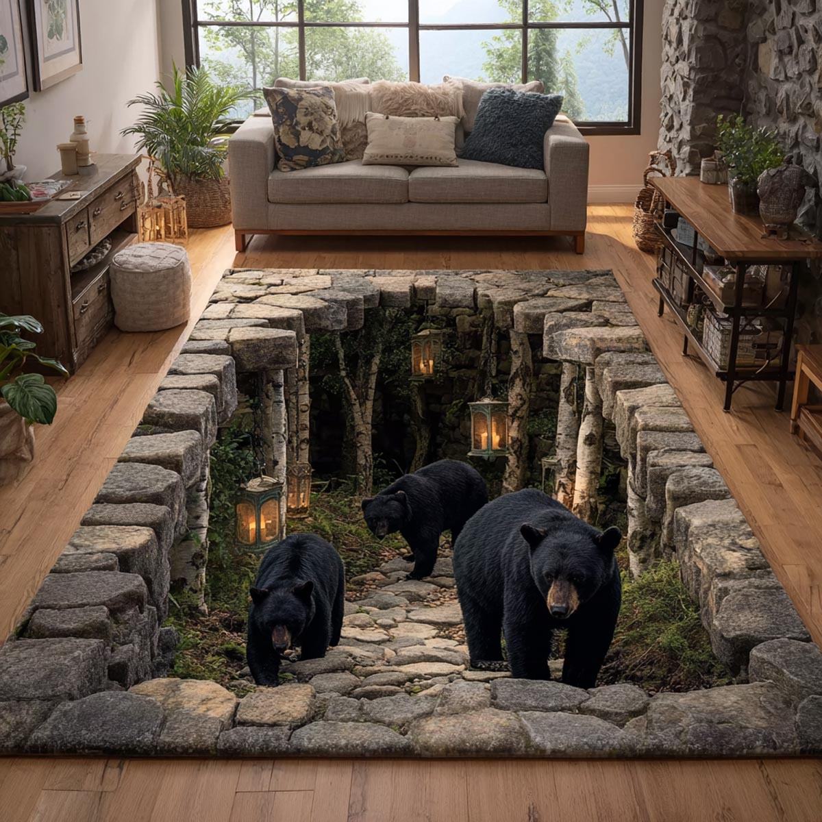 Black Bear Well rug – bears in a stone well