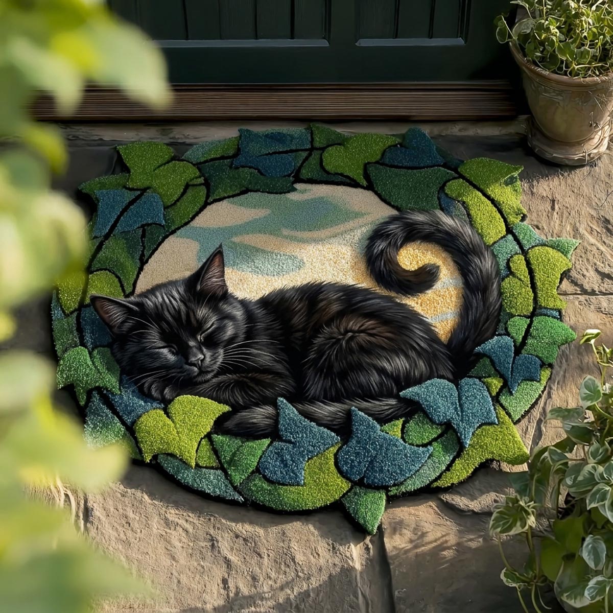 Black Cat Charm shaped doormat – black cat in leaves