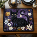 Black Cat Blossoms quilted placemats – black cat among white flowers