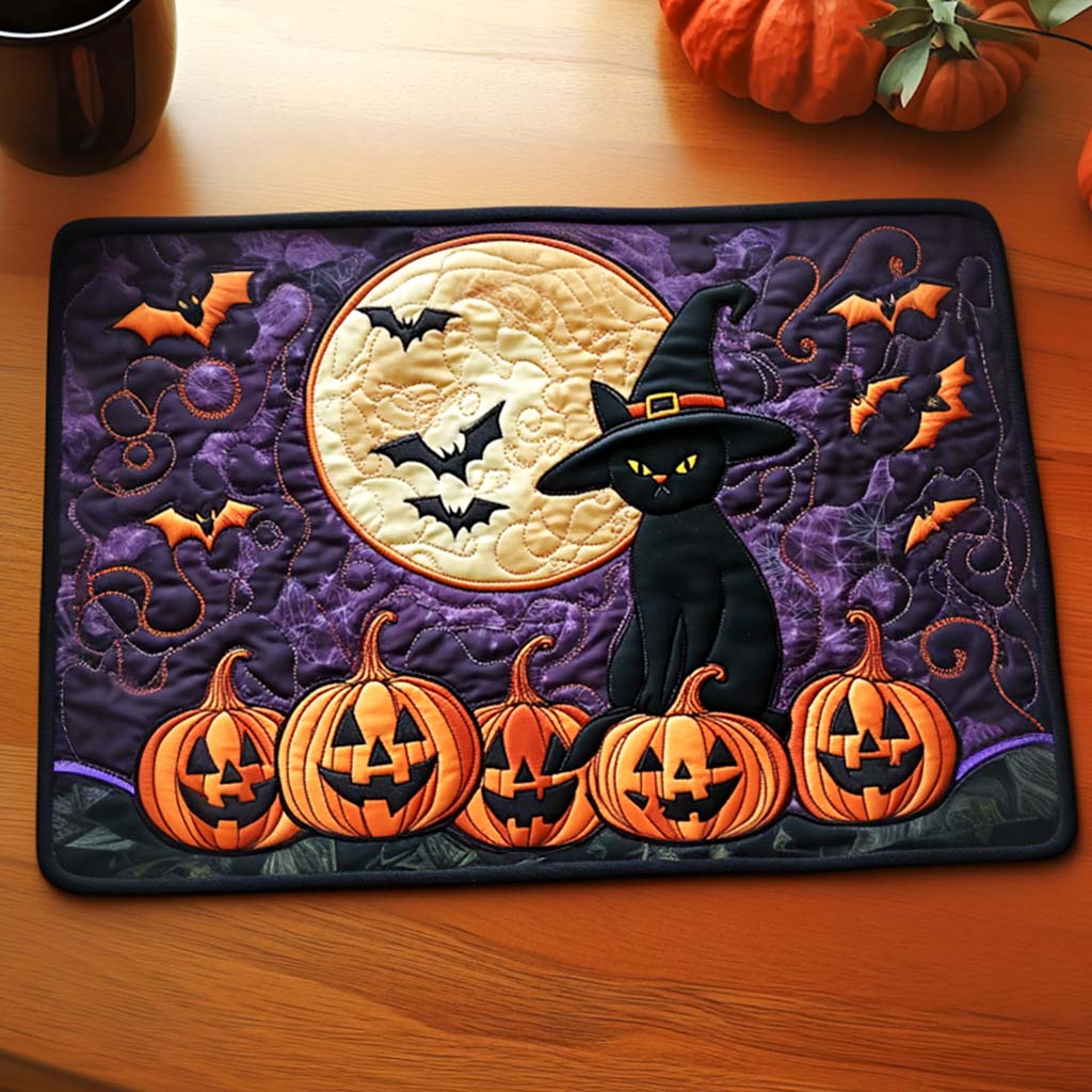 Witch Cat Pumpkins quilted placemats – witch cat with pumpkins
