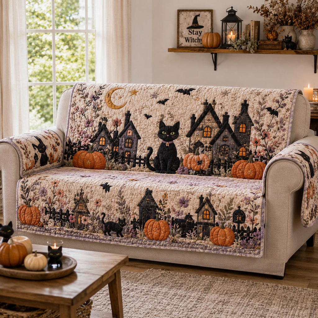 Black Cat Village quilted sofa cover with lamplit cottages, black cats, pumpkins and bats beneath a crescent moon