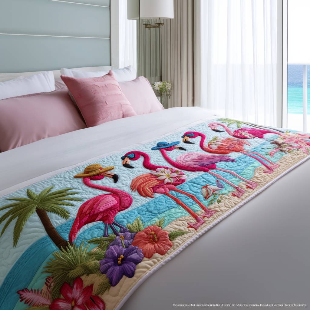 Flamingo Bay quilted bed runner – pink flamingos on a tropical shore