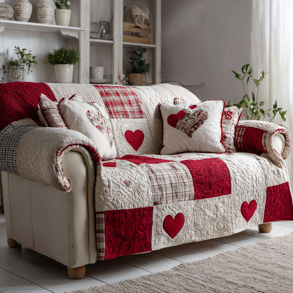 Red Heart Patchwork quilted sofa cover – red hearts in cream patchwork