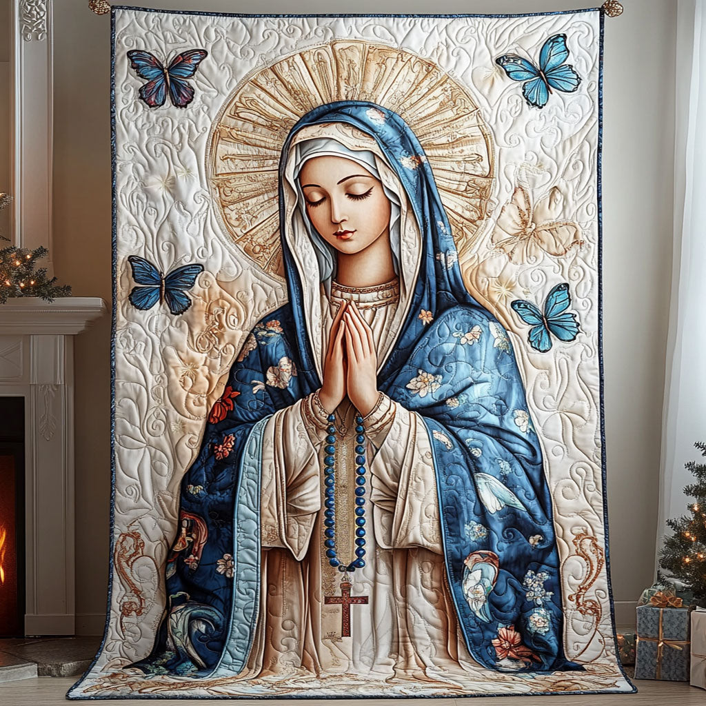 Blessed Mary quilted throw – mary in prayer beneath a golden halo