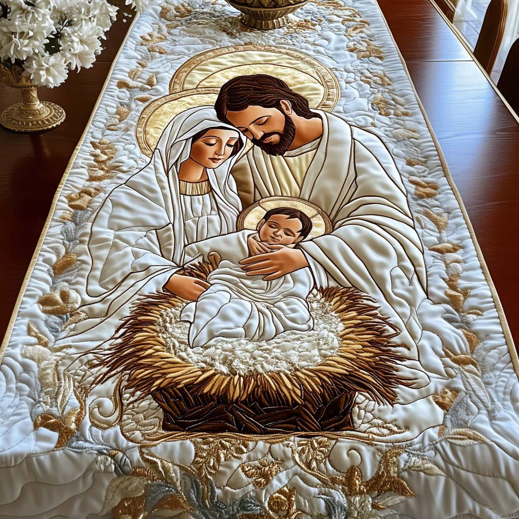 Ivory Nativity quilted table runner – ivory and gold holy family