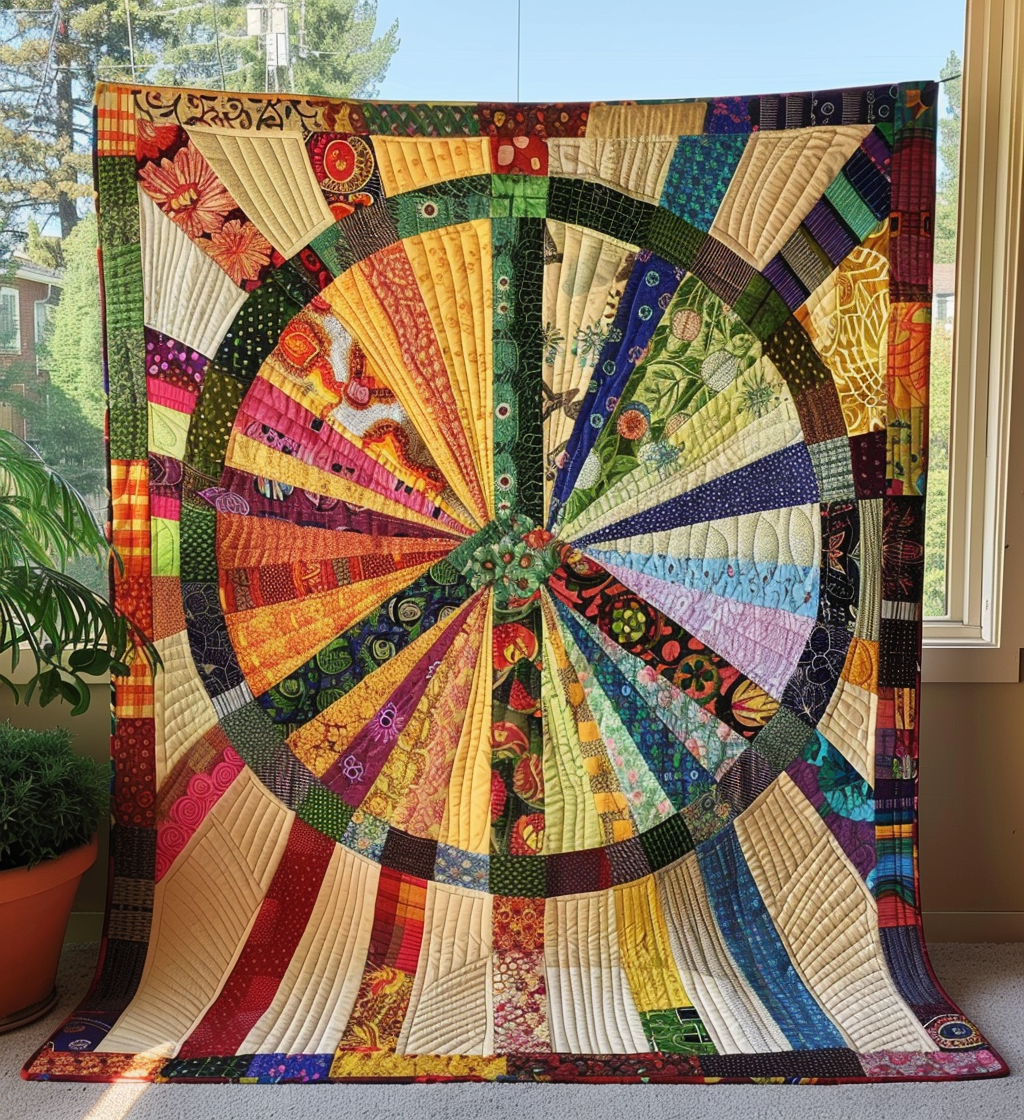 Sunshine Wheel quilted throw – rainbow patchwork rays from a central wheel