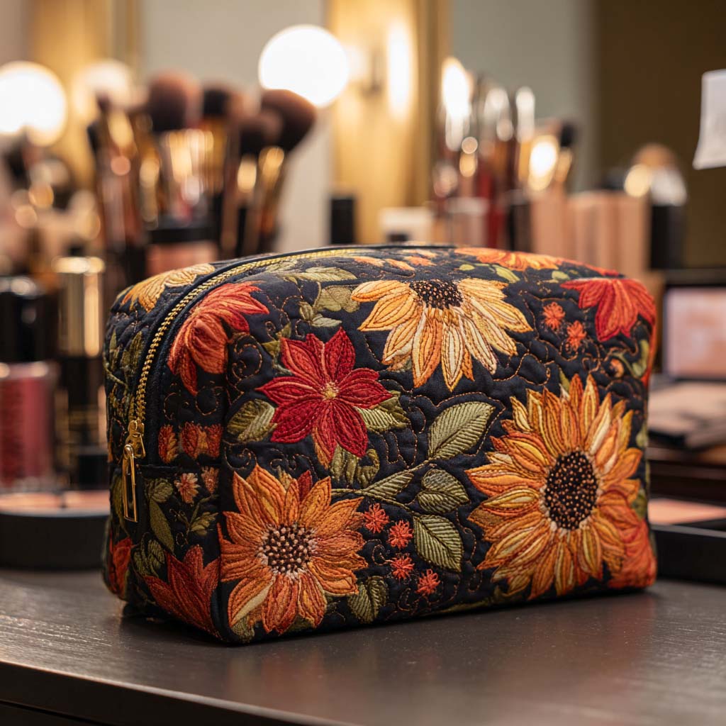 Quilted make-up bag with the Bloom Beauty design of large golden sunflowers and dark centres printed across padded quilting, with a zip closure
