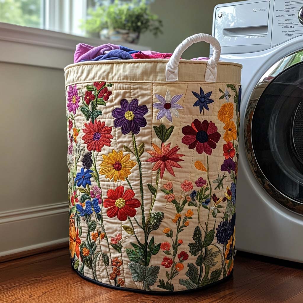 Quilted laundry basket with a Bloom Bright design of large coral, fuchsia and sunny yellow flowers covering the fabric edge to edge, with wave stitching and carry handles