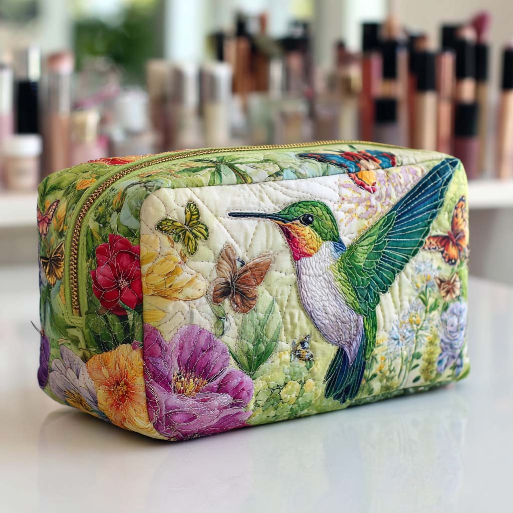 Bloom Dance quilted make-up bag with emerald hummingbird feeding among pink and purple garden flowers
