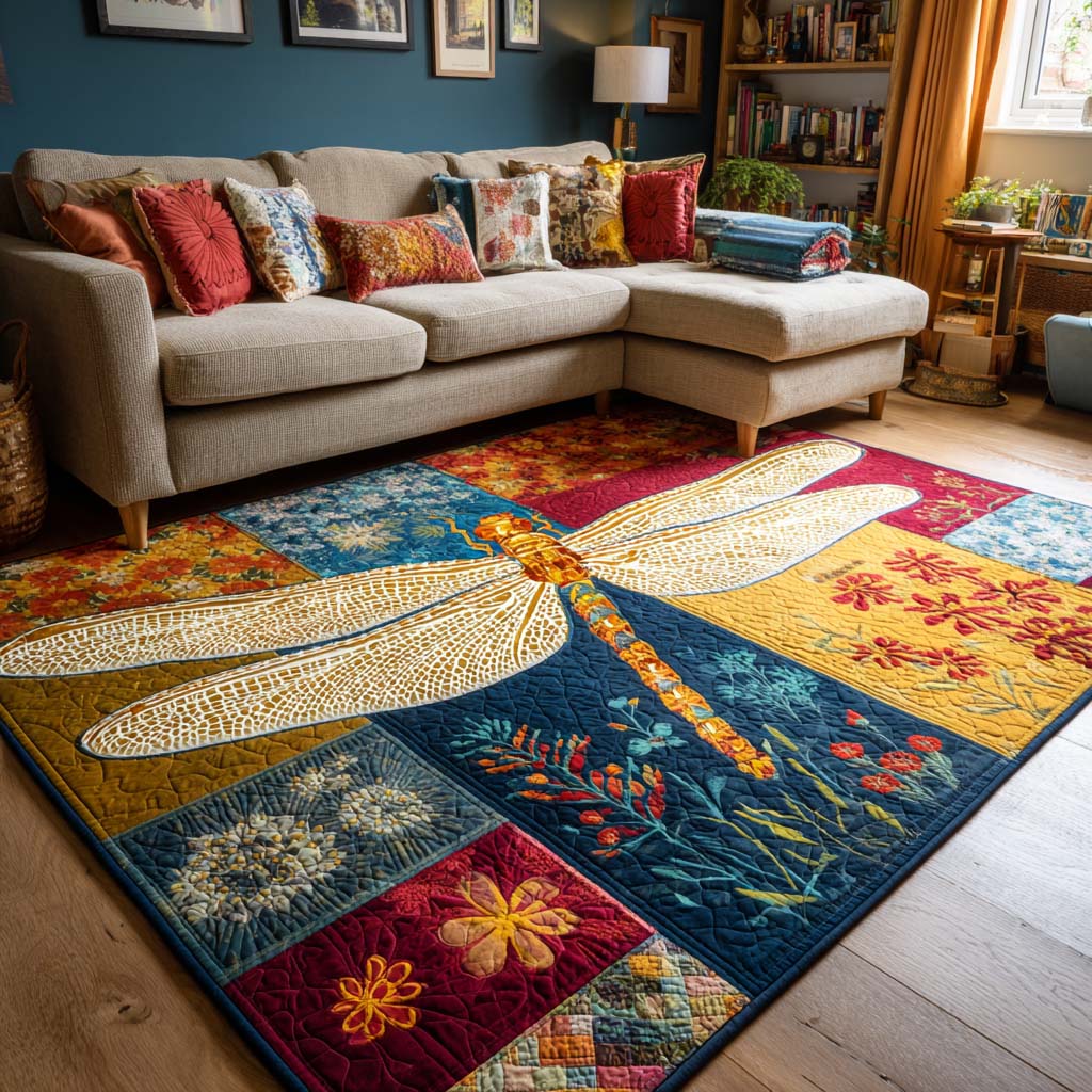 Bloom Flight rug – dragonfly on patchwork