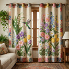 Hummingbird Flower Border quilted curtains – hummingbirds among tall flowers