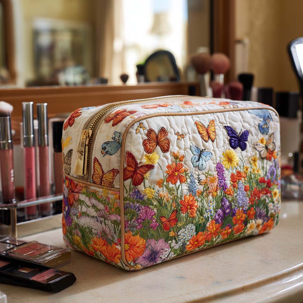 Quilted make-up bag with the Bloom Garden design of a close-planted border of pink and coral flowers with soft green foliage across padded quilting
