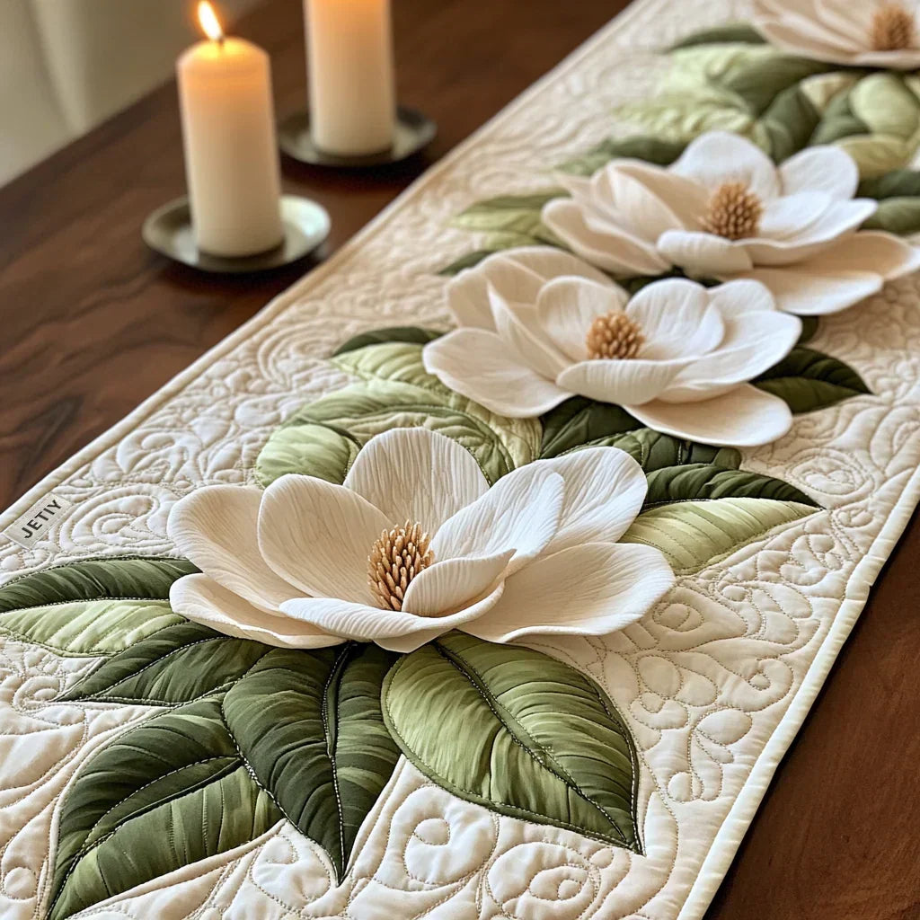 Quilted table runner with a Floral Elegance design of soft blooms and fine leaf work arranged in a measured, formal pattern