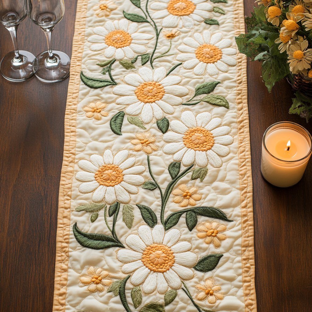 Daisy Vine quilted table runner – daisies on green vines