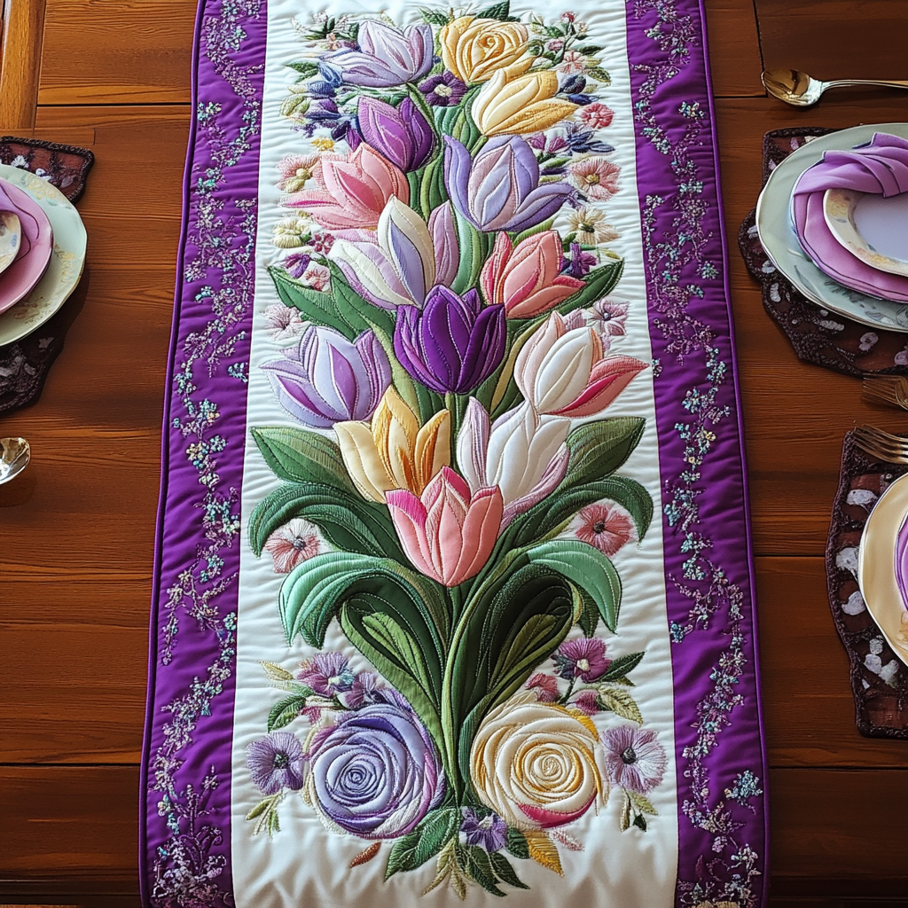 Tulip Bouquet quilted table runner – pink and purple tulips