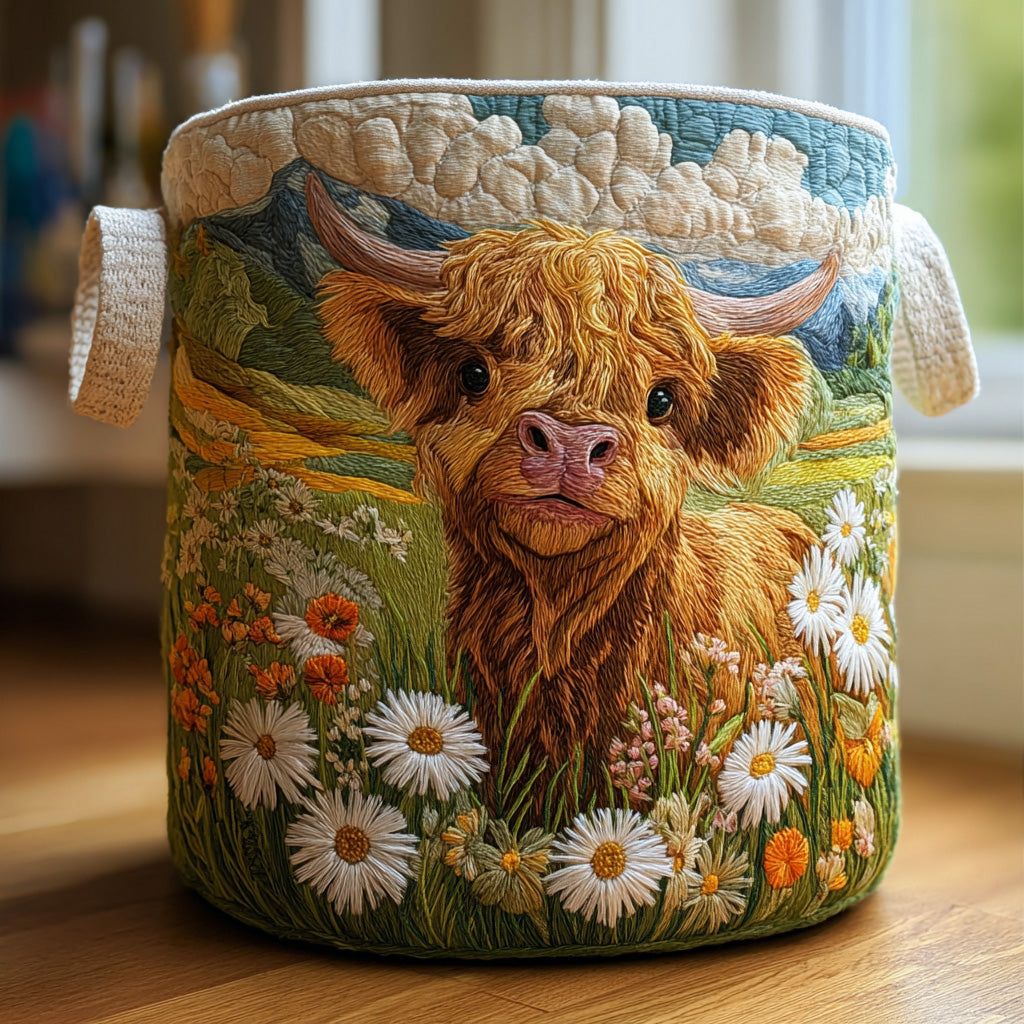 Quilted laundry basket with a ginger highland calf in a daisy meadow