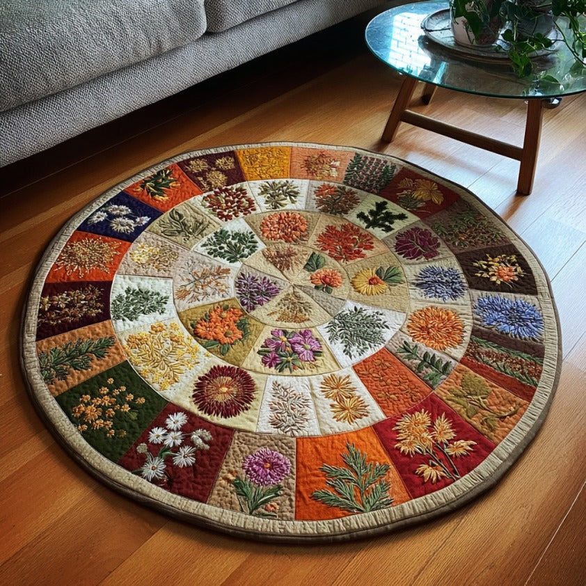 Bloom Orbit round quilted mat – floral patchwork rings