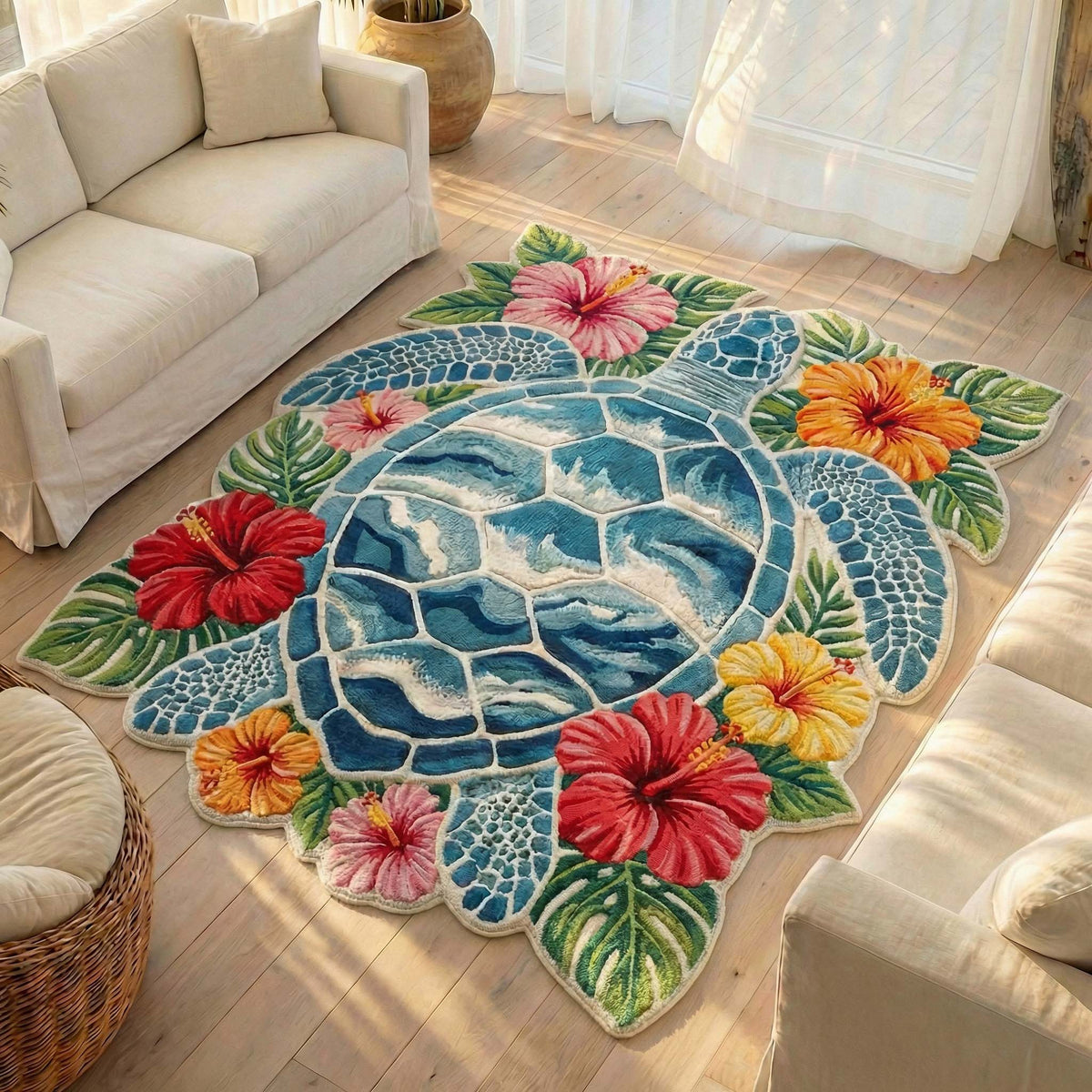 Bloom Turtle shaped rug – turtle with hibiscus
