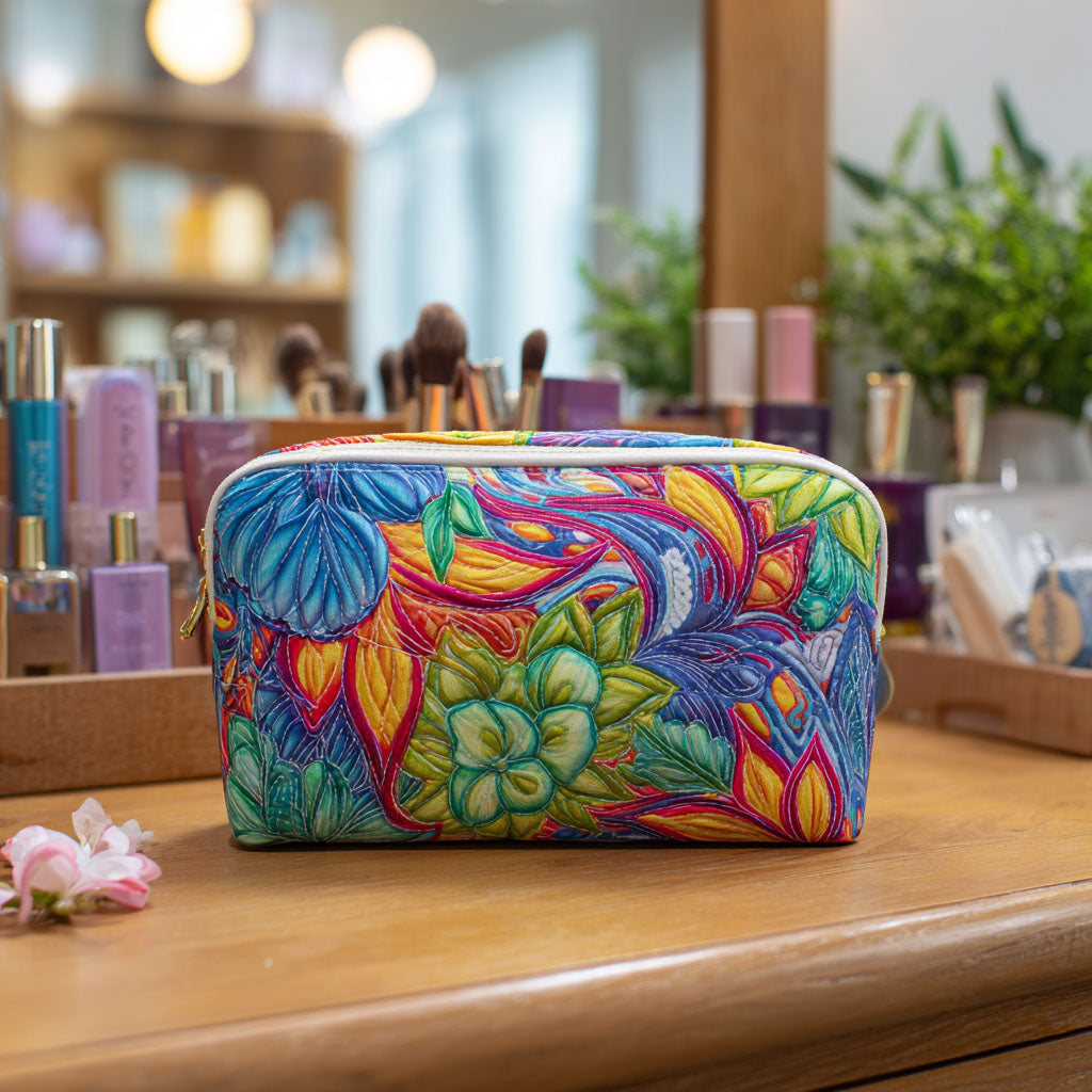 Quilted make-up bag with the Bloom and Vine design of small cacti and succulents among trailing vines and flowers on padded quilting