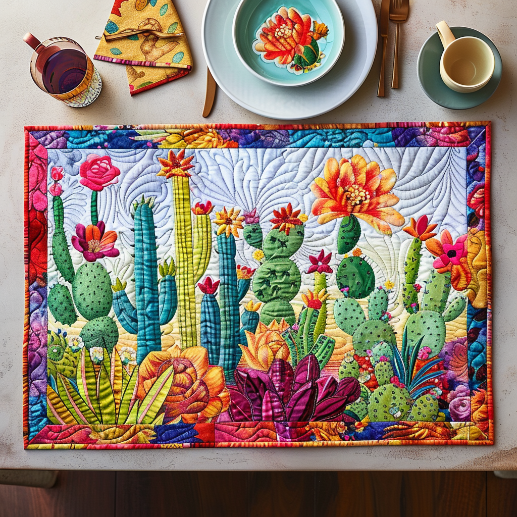 Cactus Garden quilted placemats – cacti and bright flowers