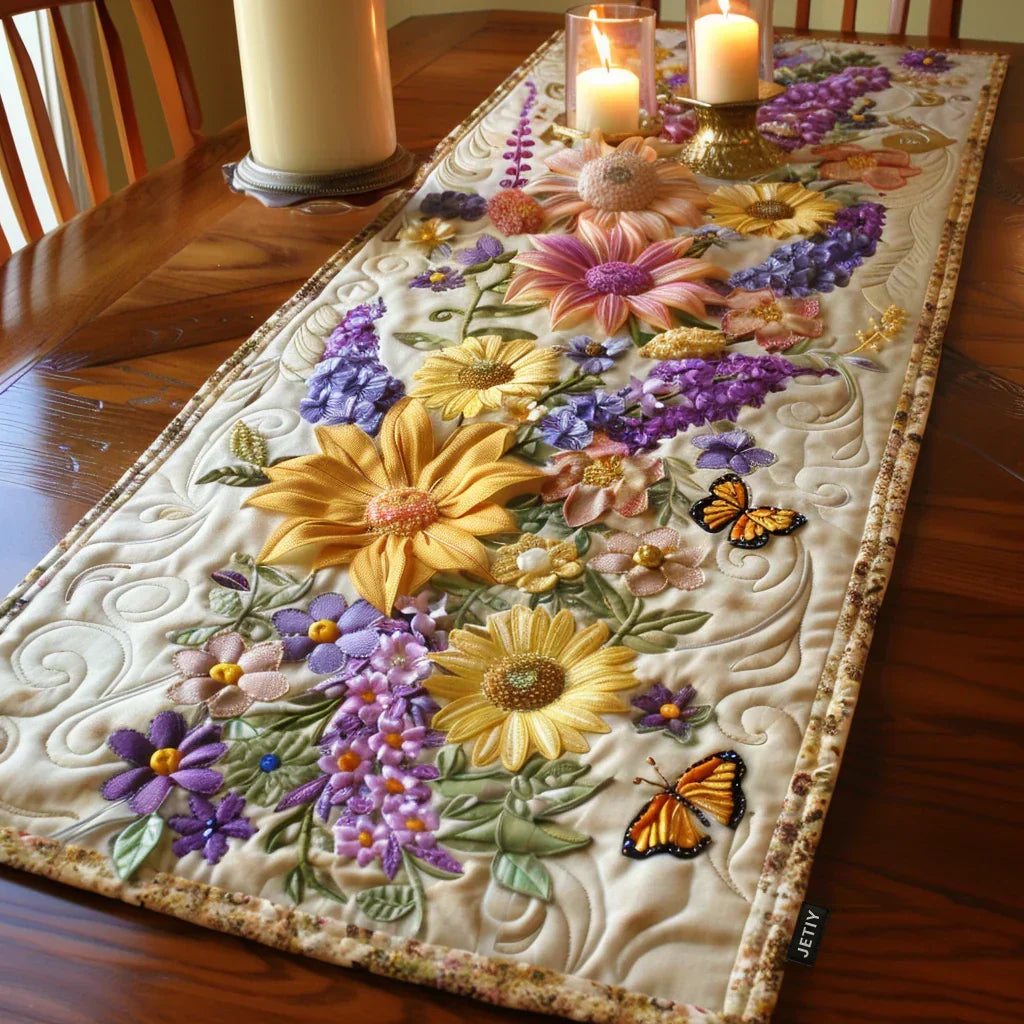 Quilted table runner with a Blooming Garden design of roses, peonies and trailing greenery tumbling along the full length