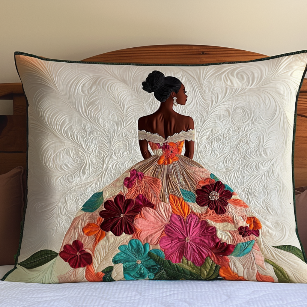 Flower Gown quilted pillowcase – woman in a gown of colourful flowers