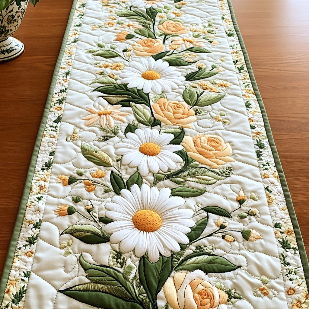 Daisy and Rose quilted table runner – daisies and peach roses