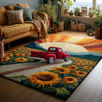Sunflower Road Trip rug – red truck and sunflowers