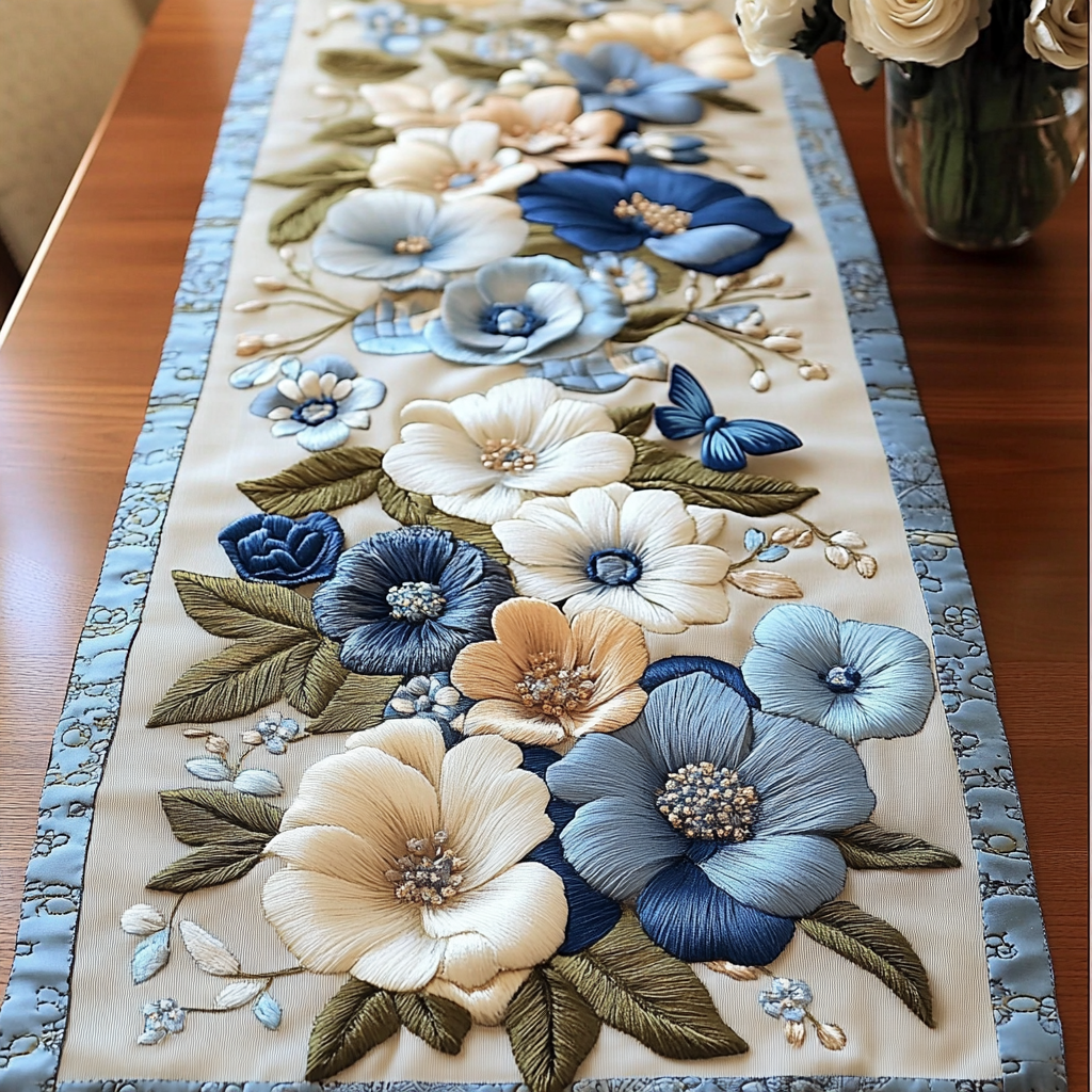 Blue and Cream Blooms quilted table runner – blue and cream flowers