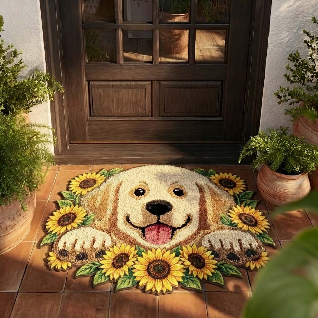 Blooming Golden Retriever shaped doormat – retriever and sunflowers