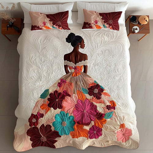 Flower Gown quilted bedspread set – woman in a gown of colourful flowers on white