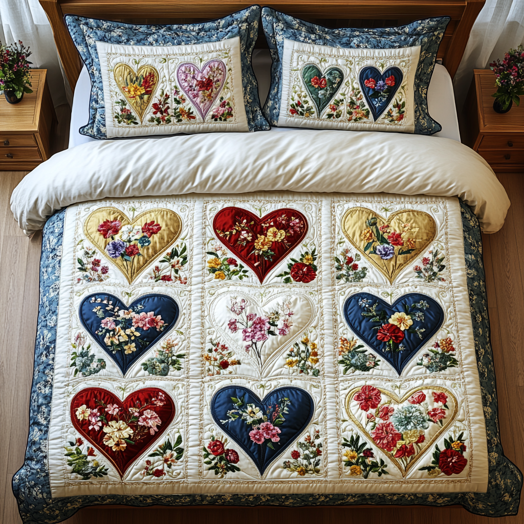 Floral Heart Patchwork quilted bedspread set – floral patchwork hearts in cream squares