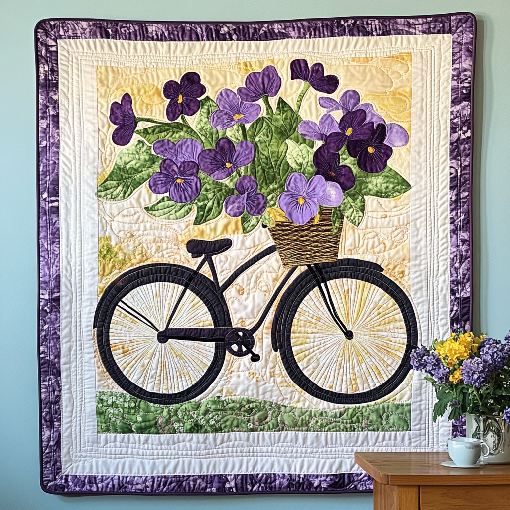 Purple Bloom Bicycle art quilt – bicycle with purple blooms