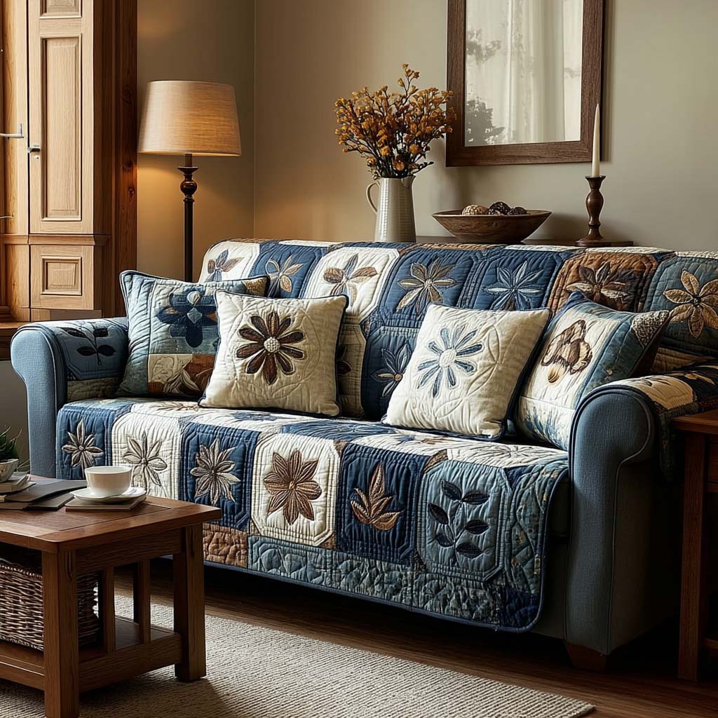 Blooming Serenity quilted sofa cover with denim blue and cream squares each carrying an appliqued pointed-petal flower
