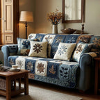 Blooming Serenity quilted sofa cover with denim blue and cream squares each carrying an appliqued pointed-petal flower