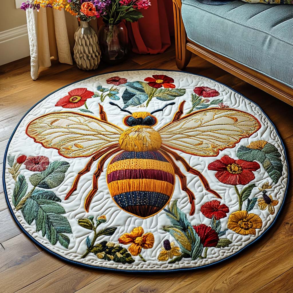 Blooming Solitude round quilted mat – bee and flowers