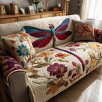 Crimson Dragonfly Garden quilted sofa cover – dragonfly above purple and gold flowers