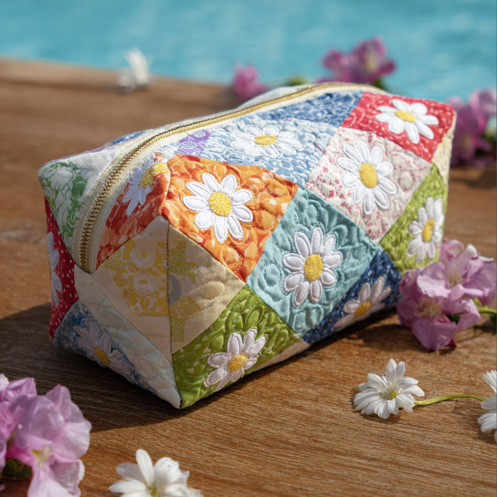 Quilted make-up bag with the Bloomy Charm design of hand-drawn daisies and sunflower heads spread evenly across padded quilted panels