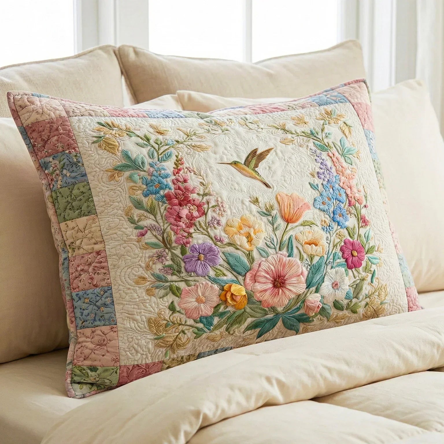 Quilted pillowcase with the Blossom Fields design, meadow wildflowers in soft pinks, creams and greens across the wave-stitch quilted front