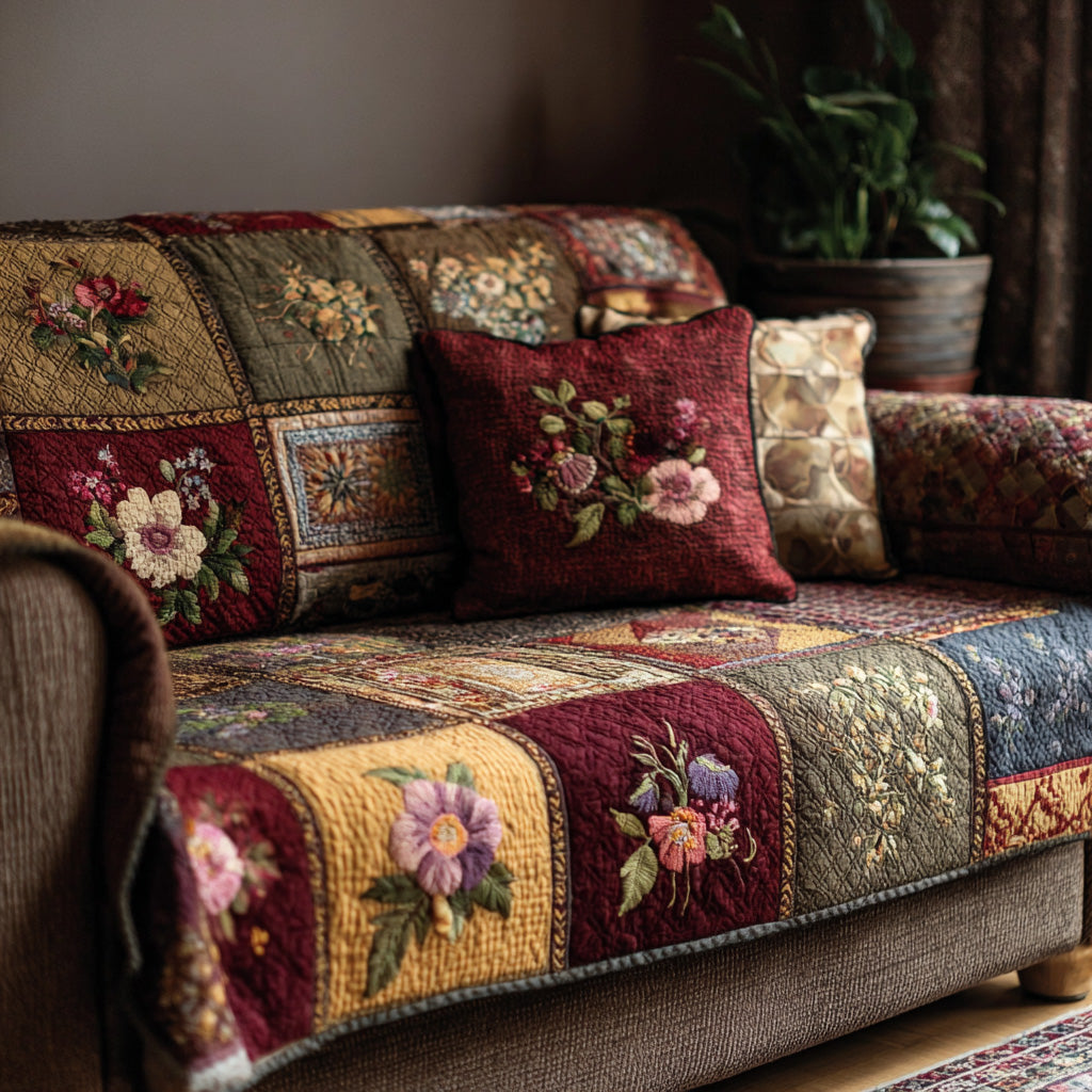 Cottage Rose Patchwork quilted sofa cover – roses in burgundy and gold patchwork