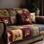 Cottage Rose Patchwork quilted sofa cover – roses in burgundy and gold patchwork