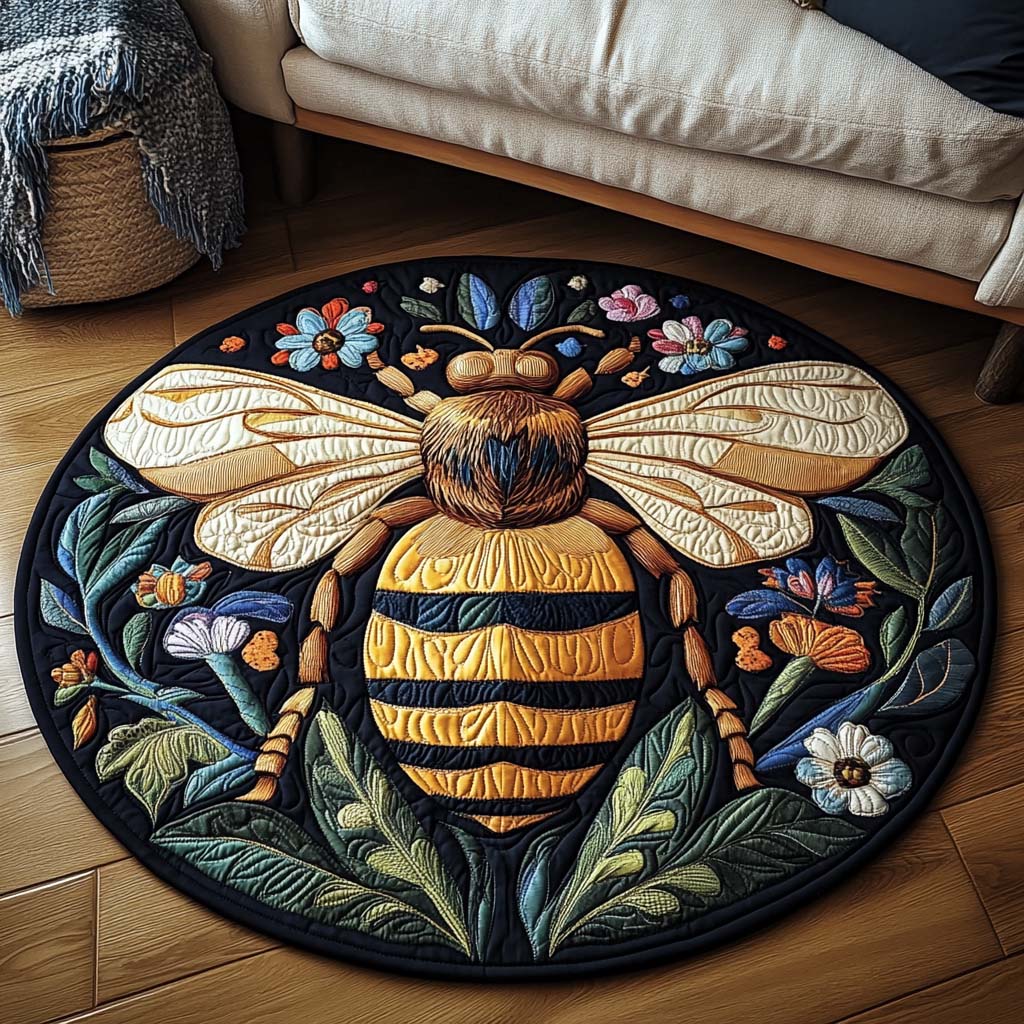 Blossom Keeper Bee round quilted mat – bumblebee on navy