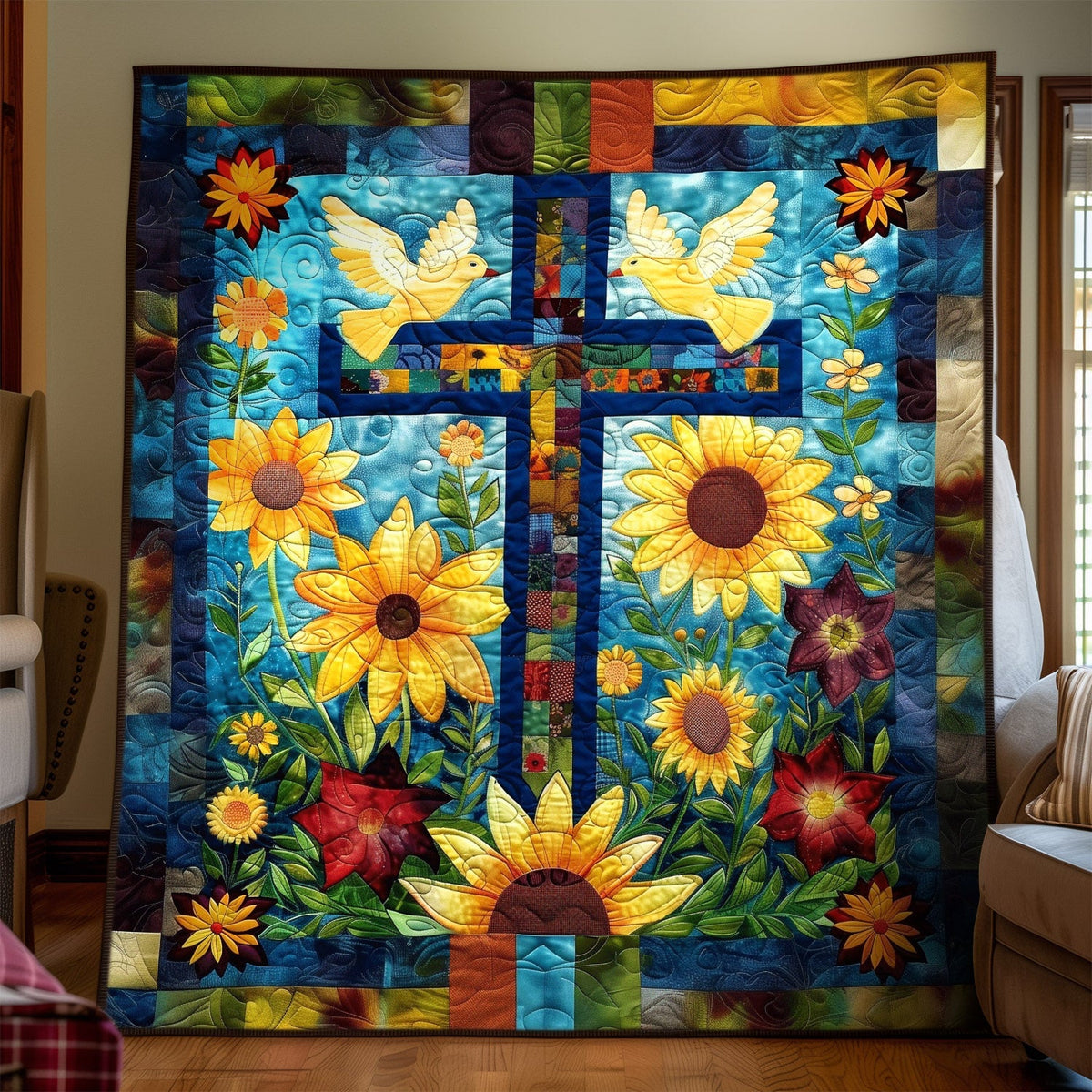 Sunflower Cross art quilt – cross with sunflowers