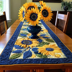 Sunflowers on Blue quilted table runner – sunflowers framed in blue