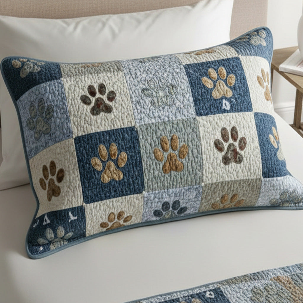Paw Print Squares quilted pillowcase – paw prints in blue and cream squares