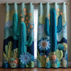 Blue Cactus Garden quilted curtains – blue cacti and flowers