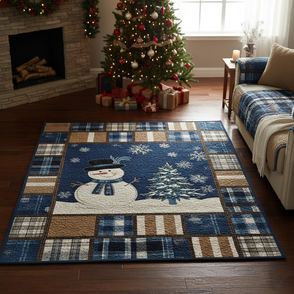 Blue Festive Nights rug – snowman with plaid border