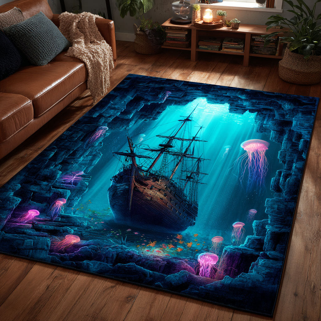 Sunken Ship rug – shipwreck and jellyfish