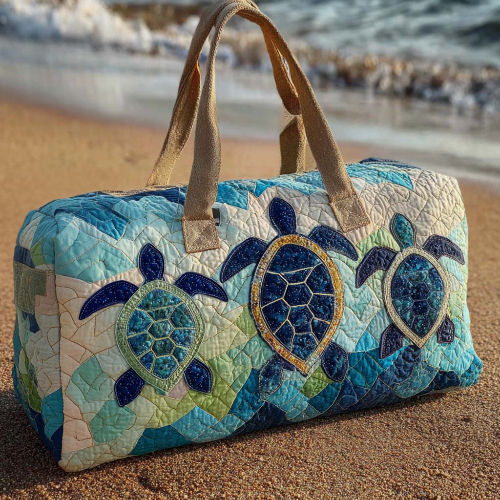 Blue Journey Turtles quilted weekend bag – mosaic turtles
